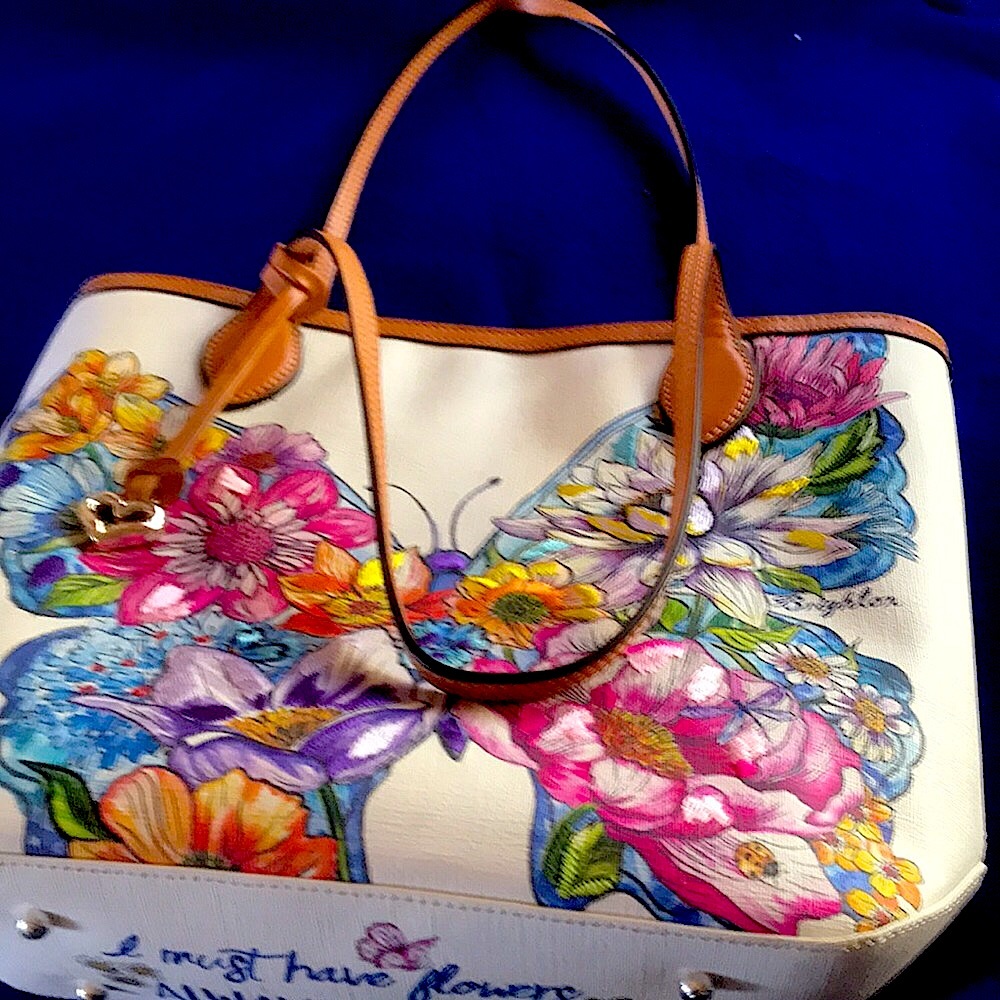 Brighton Multi butterfly white leather bag w tan shoulder straps and borders